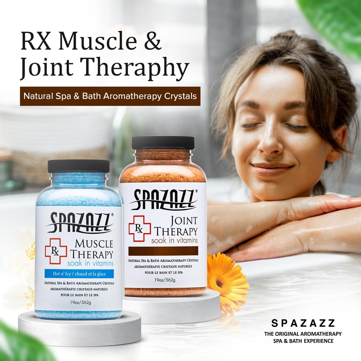 Spazazz Aromatherapy Spa and Bath Salts Crystals RX Therapy Collection 2 Pack Bundle- One 19 Oz Jar Each Spazazz Muscle Therapy and Joint Therapy