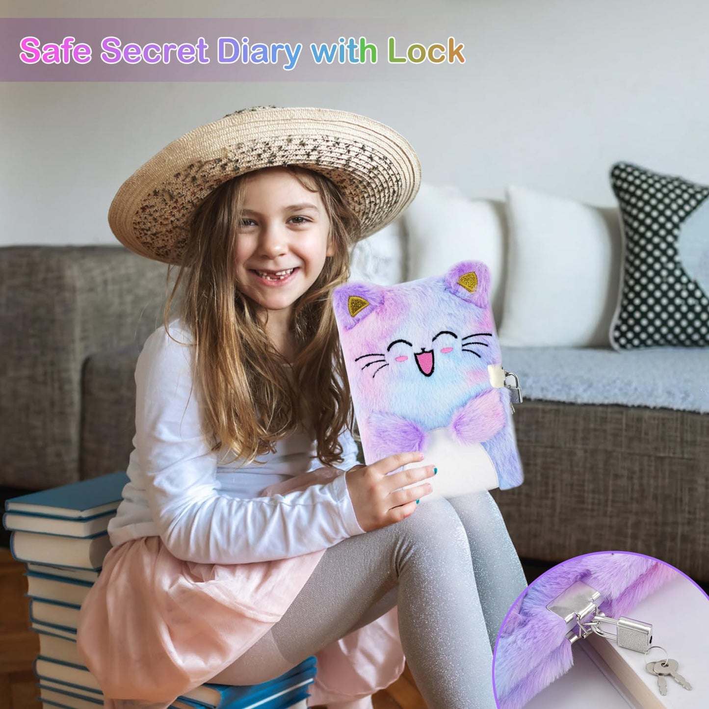 PJDRLLC Cat Diary with Lock – Secret Journal for Girls Ages 6–8, Includes Coin Purse, Pen, Stickers & Post-it Notes, Birthday Gift