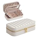 SONGMICS HOME Travel Jewelry Case, Travel Jewelry Box Organizer with Mirror, 4.1 x 8 x 2.4 Inches, Stitching, Portable, Gift Idea, Cloud White…