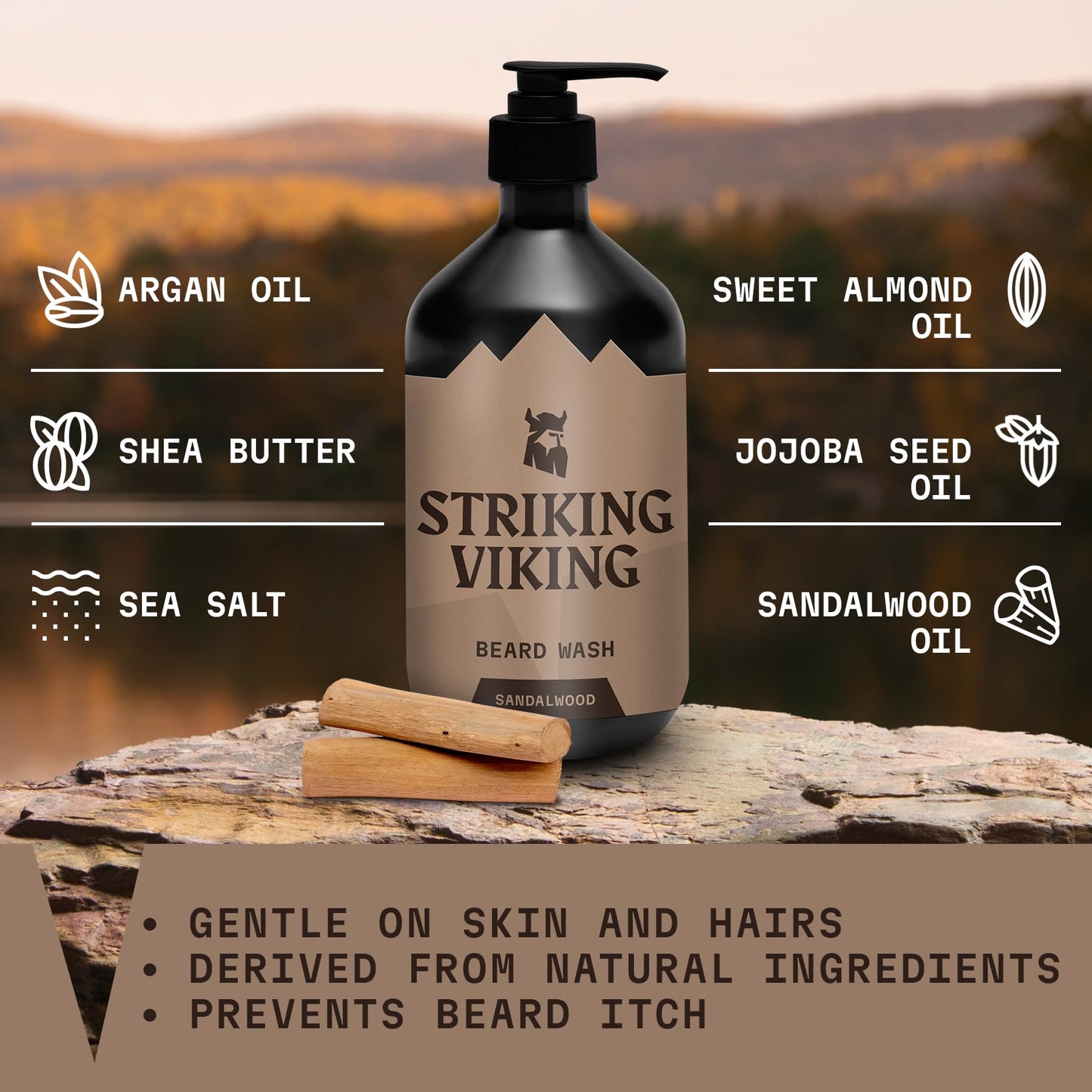Striking Viking Sandalwood Beard Wash/Shampoo for Men - 17 Oz, Paraben & Sulfate Free, Jojobal Oil for all Beard Types - Promotes Healthy Growth