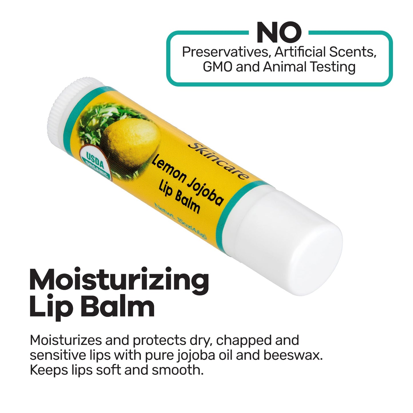 Desert Oasis Skincare | USDA Organic Lemon Lip Balm - 70% Jojoba Oil with Beeswax - Steam Distilled Lemon Essential Oil - Natural Softens for Dry