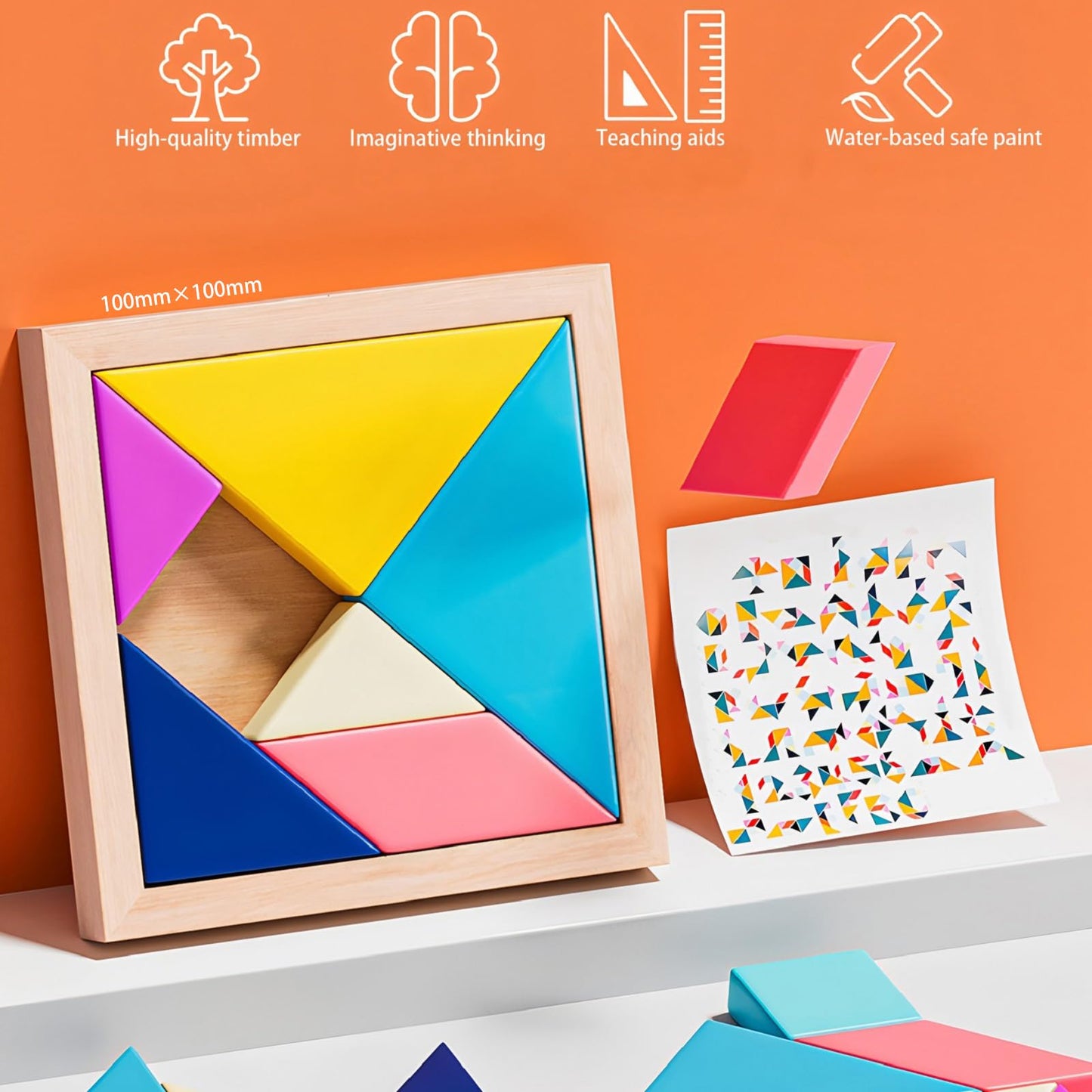 4-Pack Wooden Puzzle Set – Russian Blocks, Hexagon & Tangram Puzzles, Tic Tac Toe & Brain Teasers, Montessori STEM Educational Toy for Kids & Adults