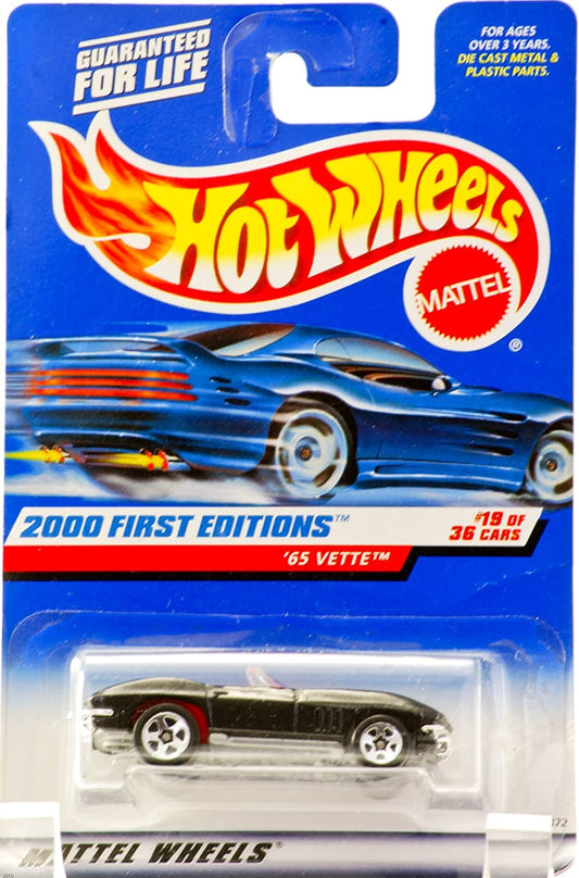 Hot Wheels 2000 - Mattel 65 Vette Convertible - Metallic Black - Red Interior - 5 Spoke Wheels - #19 of 36 - New - Out of Production - Limited…