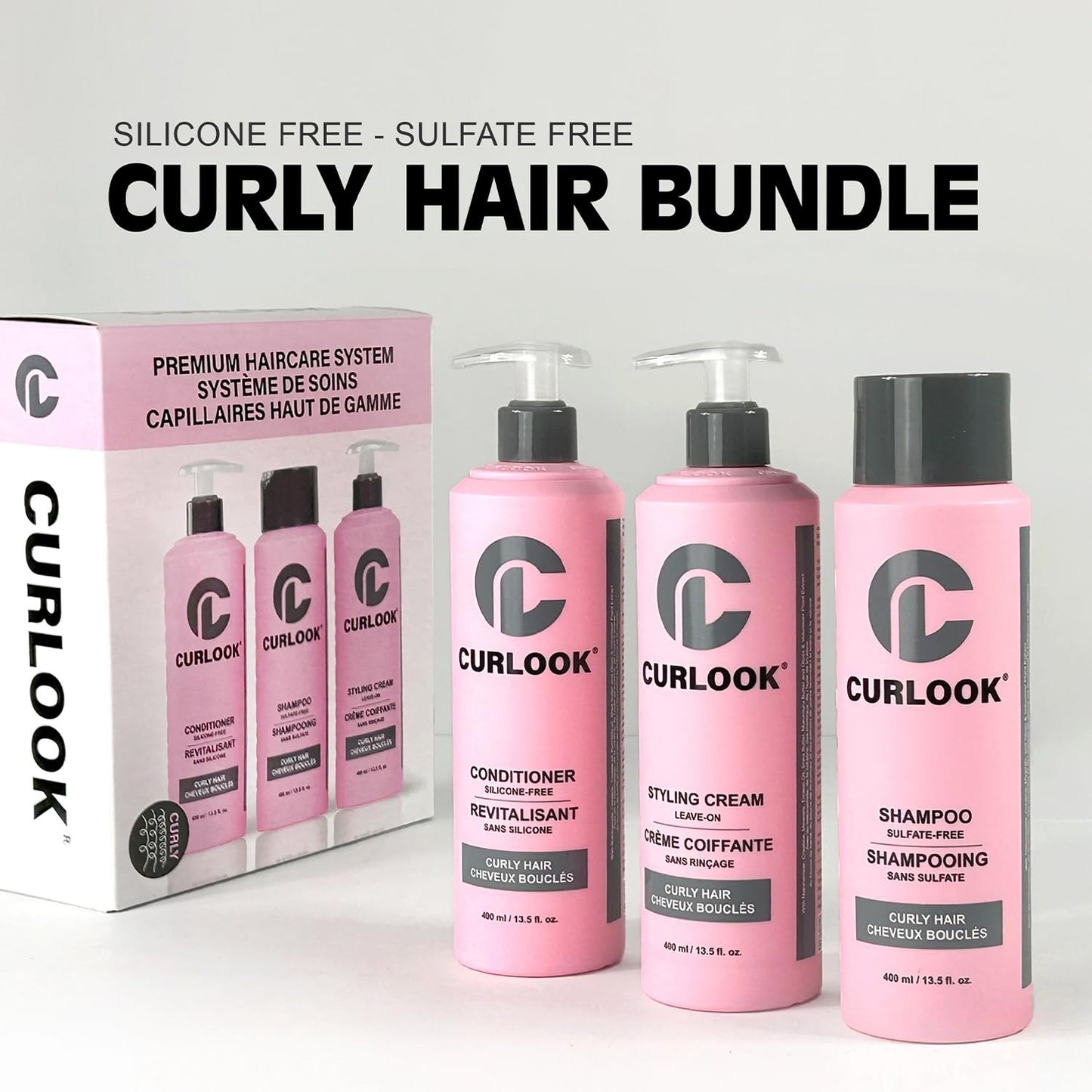CURLOOK Curly Hair Bundle | Shampoo, Conditioner & Leave-In Styling Cream Set | Sulfate-Free, Silicone-Free | Pack of 3-400ml (13.5 oz) Each Bottle |