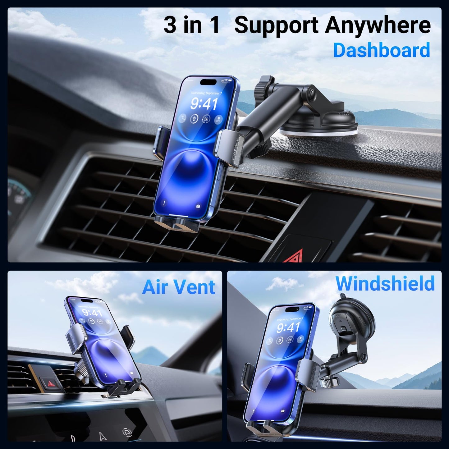 3-in-1 Car Phone Holder [122+LBS Strongest Suction & Stable Clamp Arm] 360° Adjustable Car Phone Mount, Cell Phone Holders for Your Car for Dashboard…