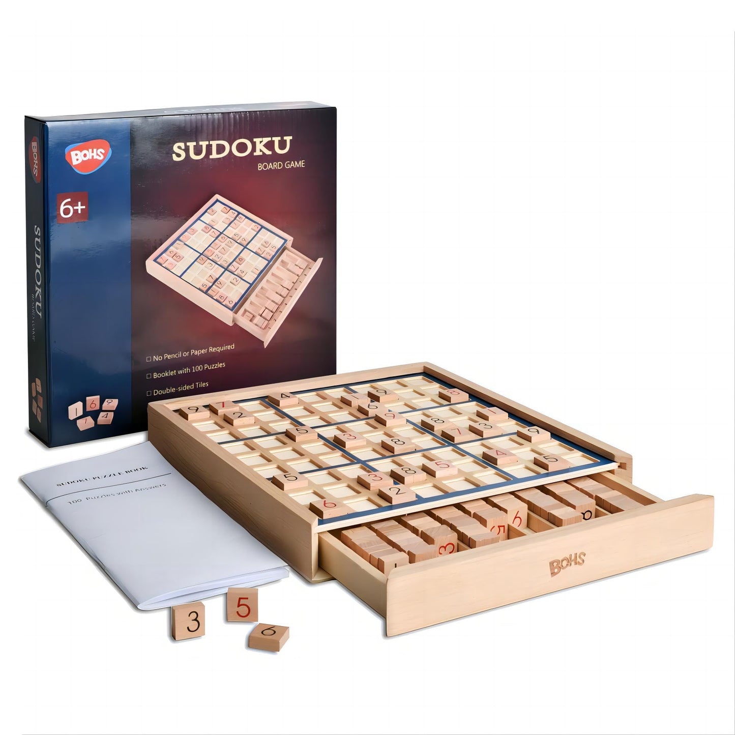 BOHS Wooden Sudoku Board Game with Drawer - with 100 Puzzles Sudoku Book for Adults - Brain Teaser Desktop Toys