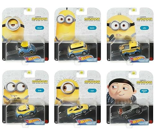 HW Character Cars Hot Wheels Character Cars Minions The Rise of Gru - Complete Set of All 6 1:64 Scale Diecast Vehicles