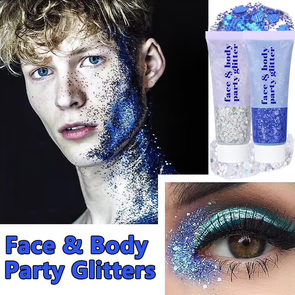 DBEAUTYM 4 Colors Body Glitter Gel, Face & Body Sparkling Holographic Gel, Long Lasting Chunky Sequins Glitters for Eye Lip Hair Nails, Festival Rave