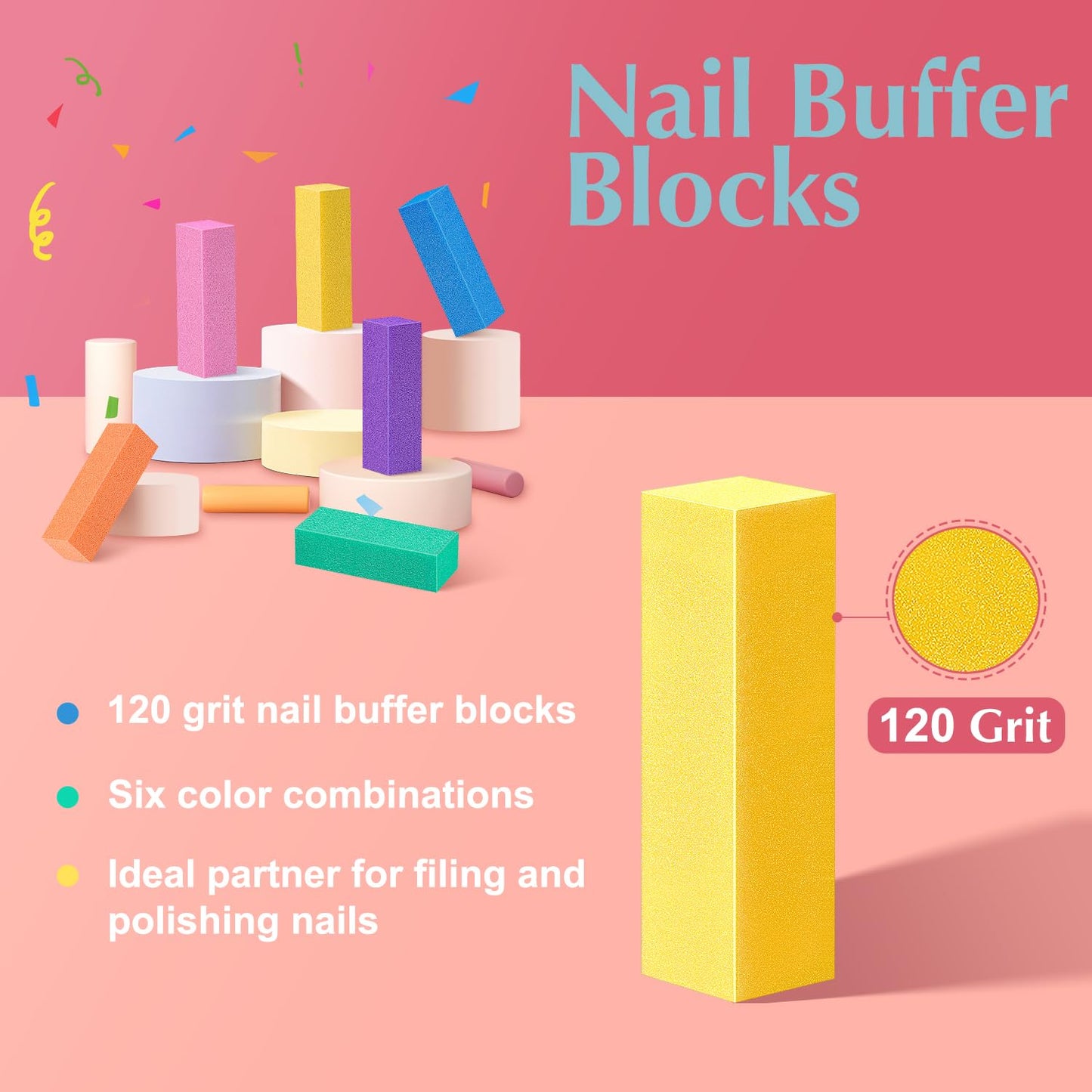 MORGLES Nail Files and Buffers, Natural and Acrylic Nail Care Kit, 6 Pcs 100/180 Grit File, 6 Pcs Rectangular Buffer Blocks and 2 Brushes