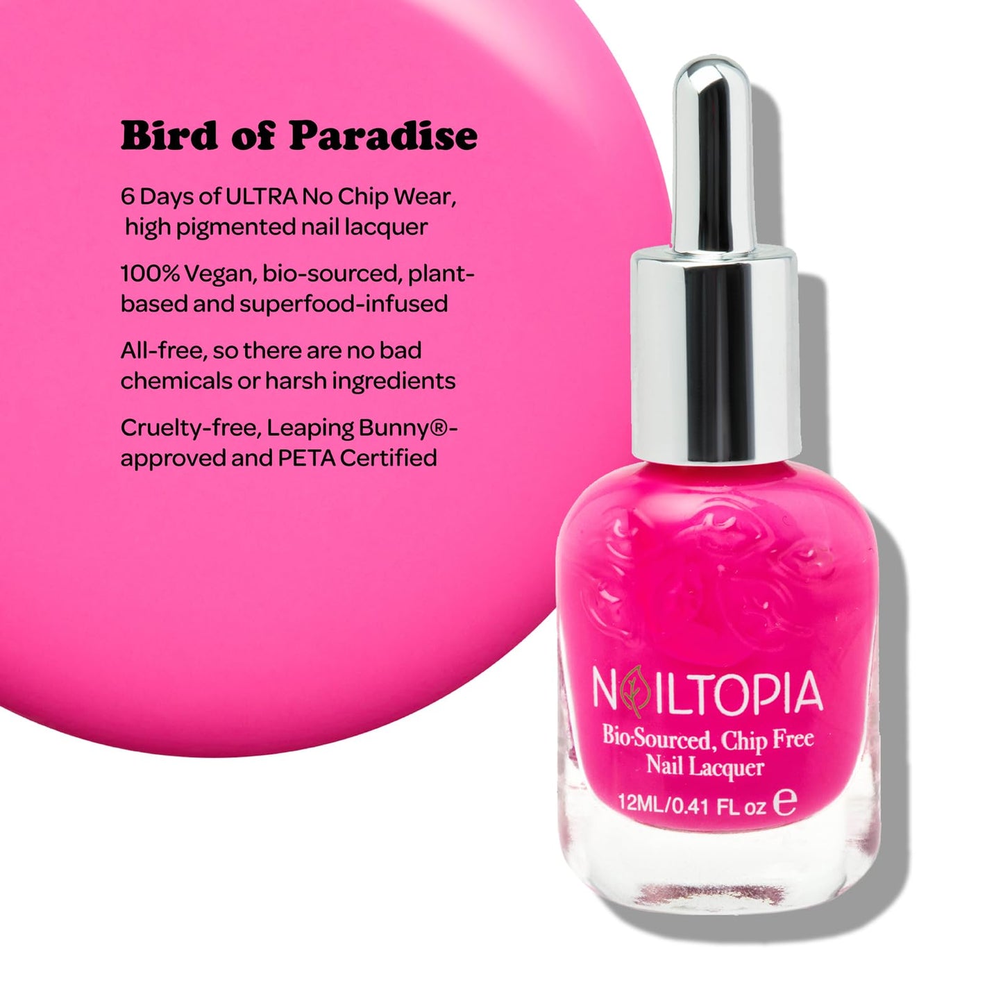 Nailtopia Bio-Sourced, Chip Free Nail Lacquer - All Natural, Strengthening Biotin and Superfood-Infused Polish - Chip Resistant Formula - Quick-Dry