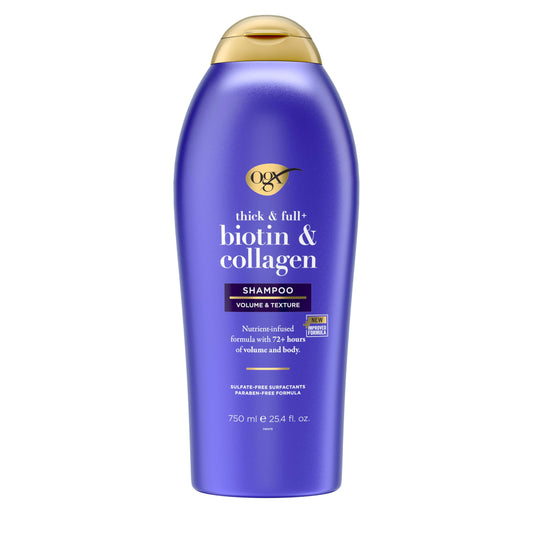 OGX Thick & Full + Biotin & Collagen Volumizing Shampoo, Nutrient-Infused Hair Shampoo with Vitamin B7 Biotin Gives Hair Volume & Body for 72+ Hours