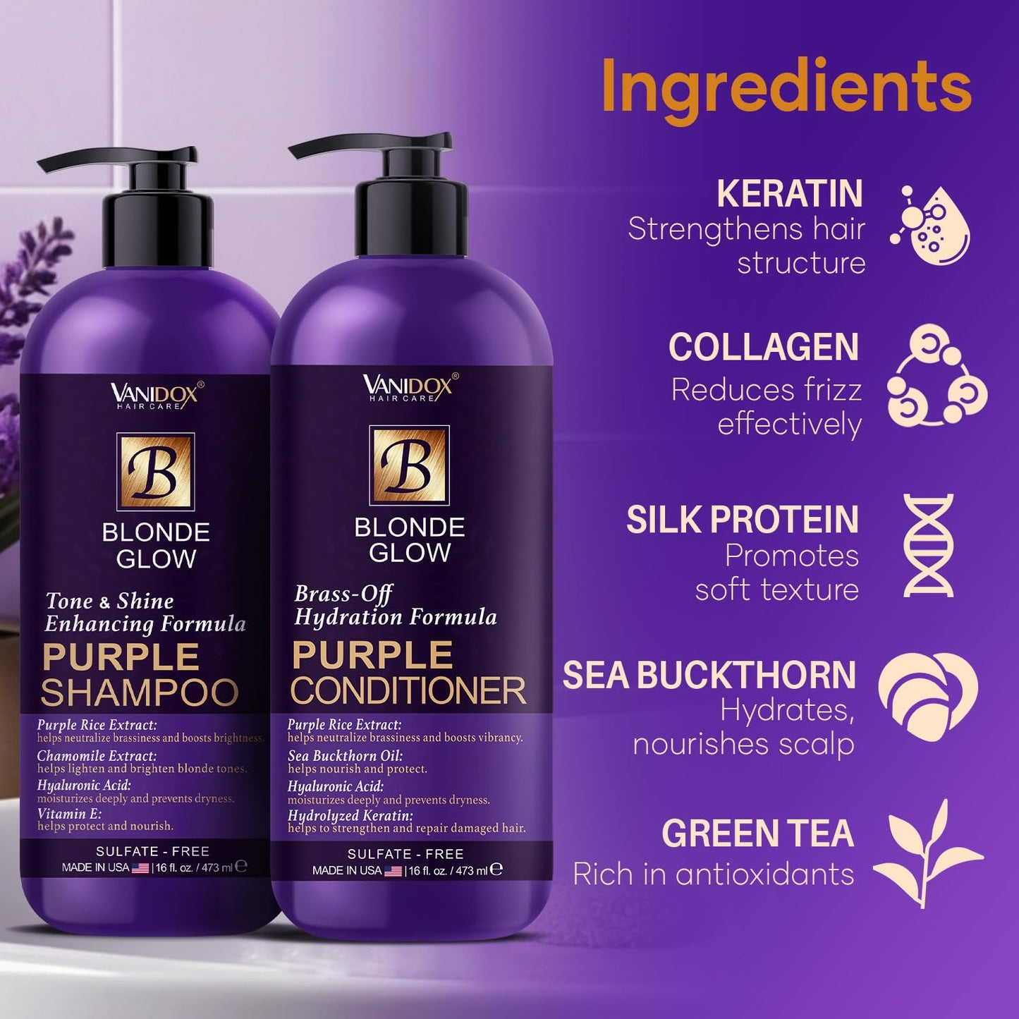 VANIDOX Sulfate Free Brass Toning Purple Shampoo and Conditioner Set for Blondes, Brown Highlighted, or Bleached Hair, Shampoo for Blondes Infused