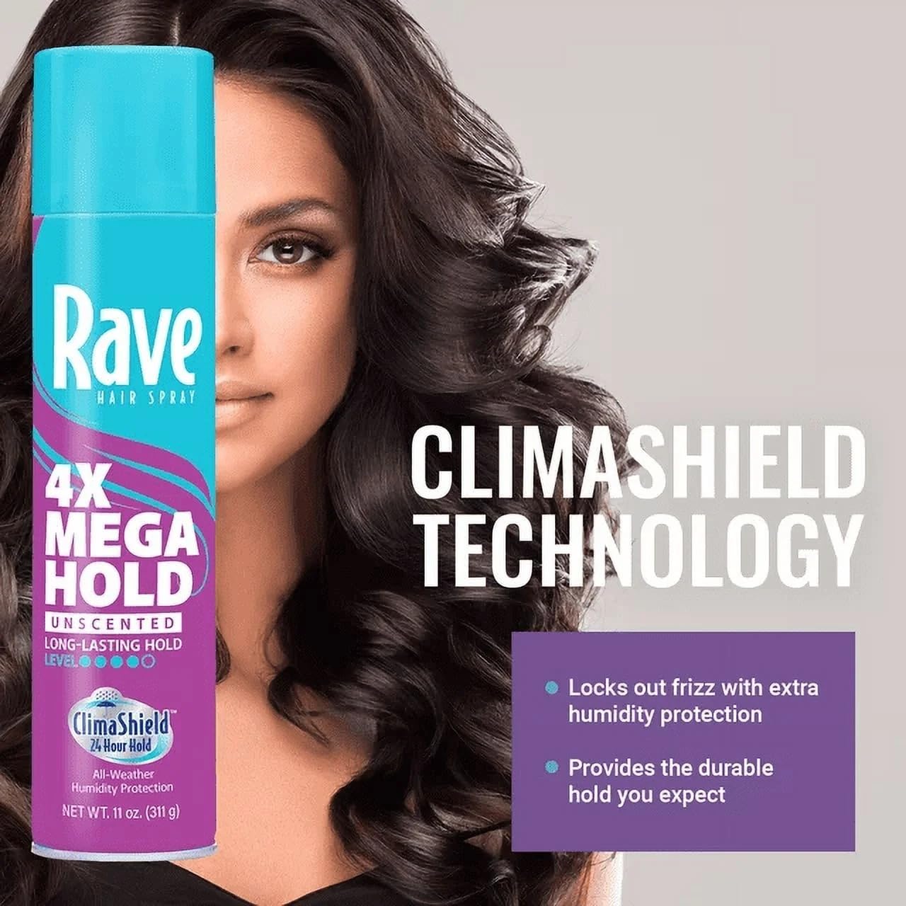 Rave 4X Mega Unscented Aerosol Hairspray - Hair Spray for High Humidity Weather - 24-Hour Lasting Hold - Vitamin-Enhanced Hair Volume Spray - 4 pc