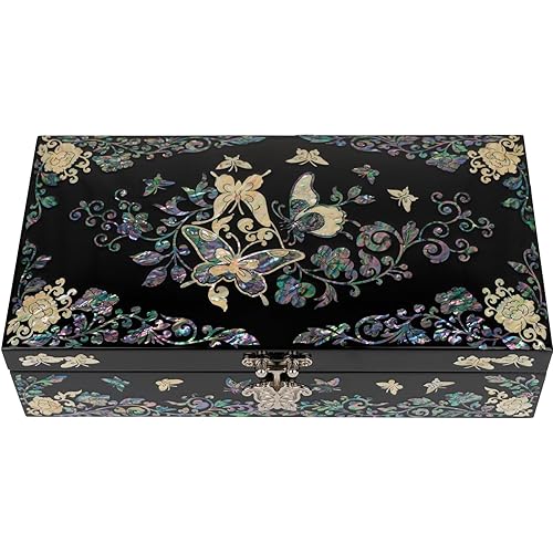 February Mountain Mother of Pearl Jewelry Organizer box - Handmade Large Wooden Box Romantic Anniversary Birthday Gifts for women (Butterfly Floral)