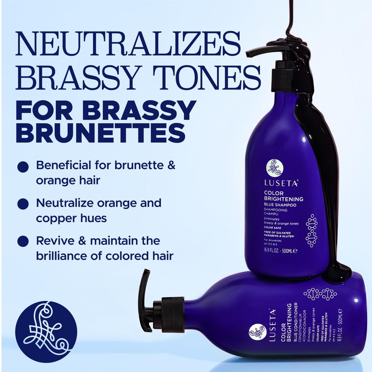 Luseta Color Brightening Blue Shampoo and Conditioner Set Orange & Copper Neutralizing for Brunettes & Dark Blondes, Brassiness Control Tone