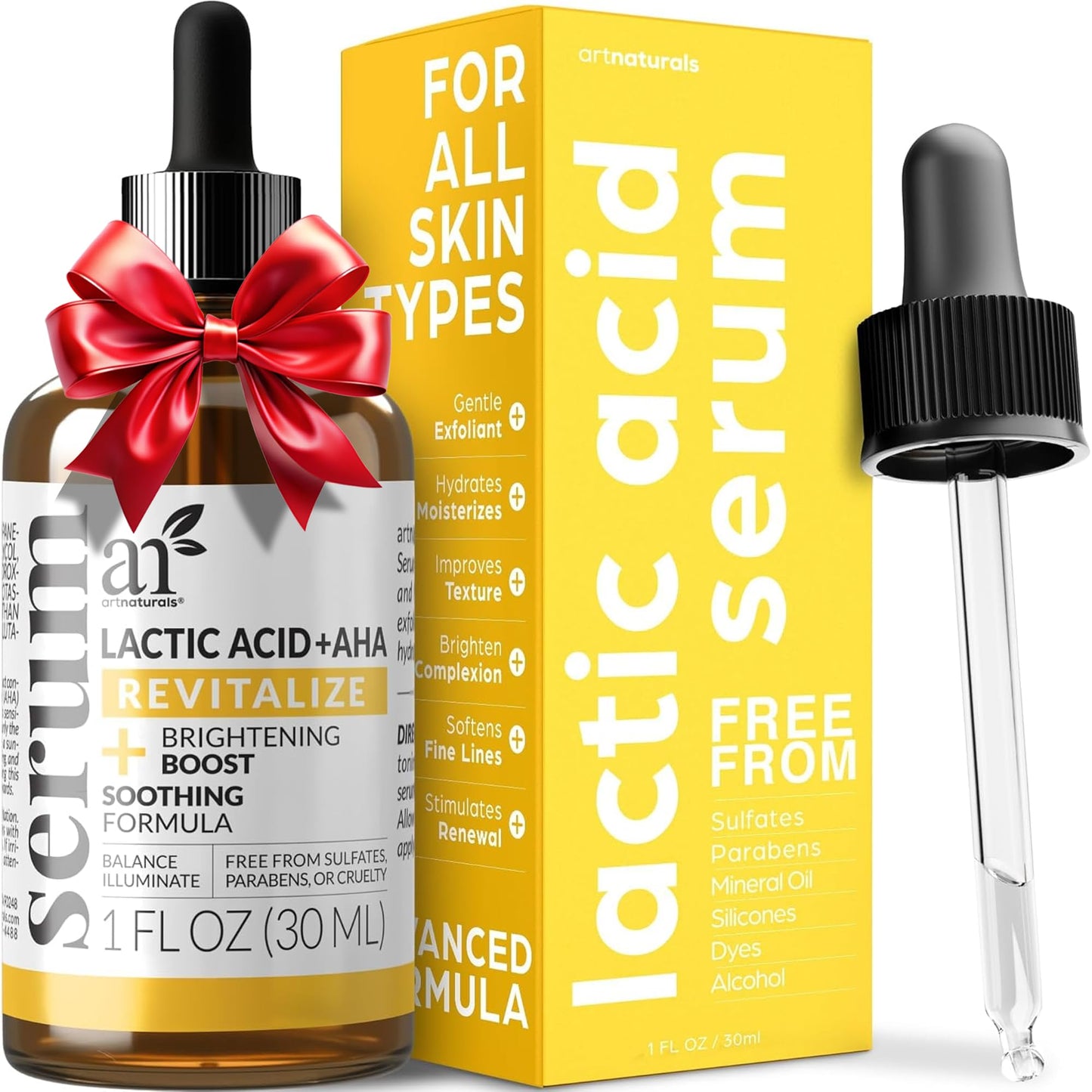 artnaturals Lactic Acid plus AHA Face Serum for Brightening Boost with Renewing Formula - Scars, Acne, Wrinkles - Exfoliates and Moisturizes the Skin