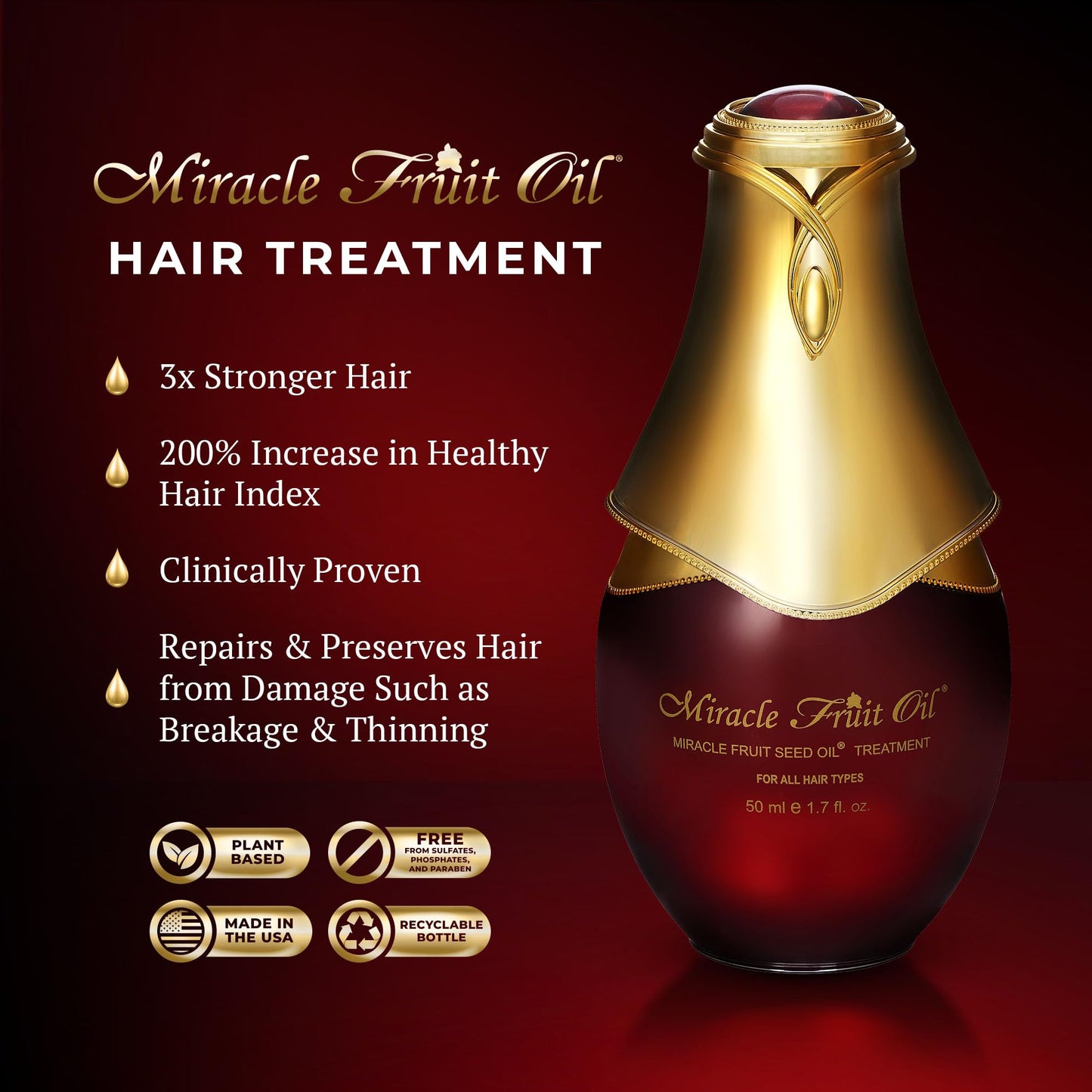 Miracle Fruit Seed Hair Oil - 50ml Treatment for All Types - Ultra Shiny, Strong Oil for Dry Hair and Growth - Prevents Breakage and Hair Loss