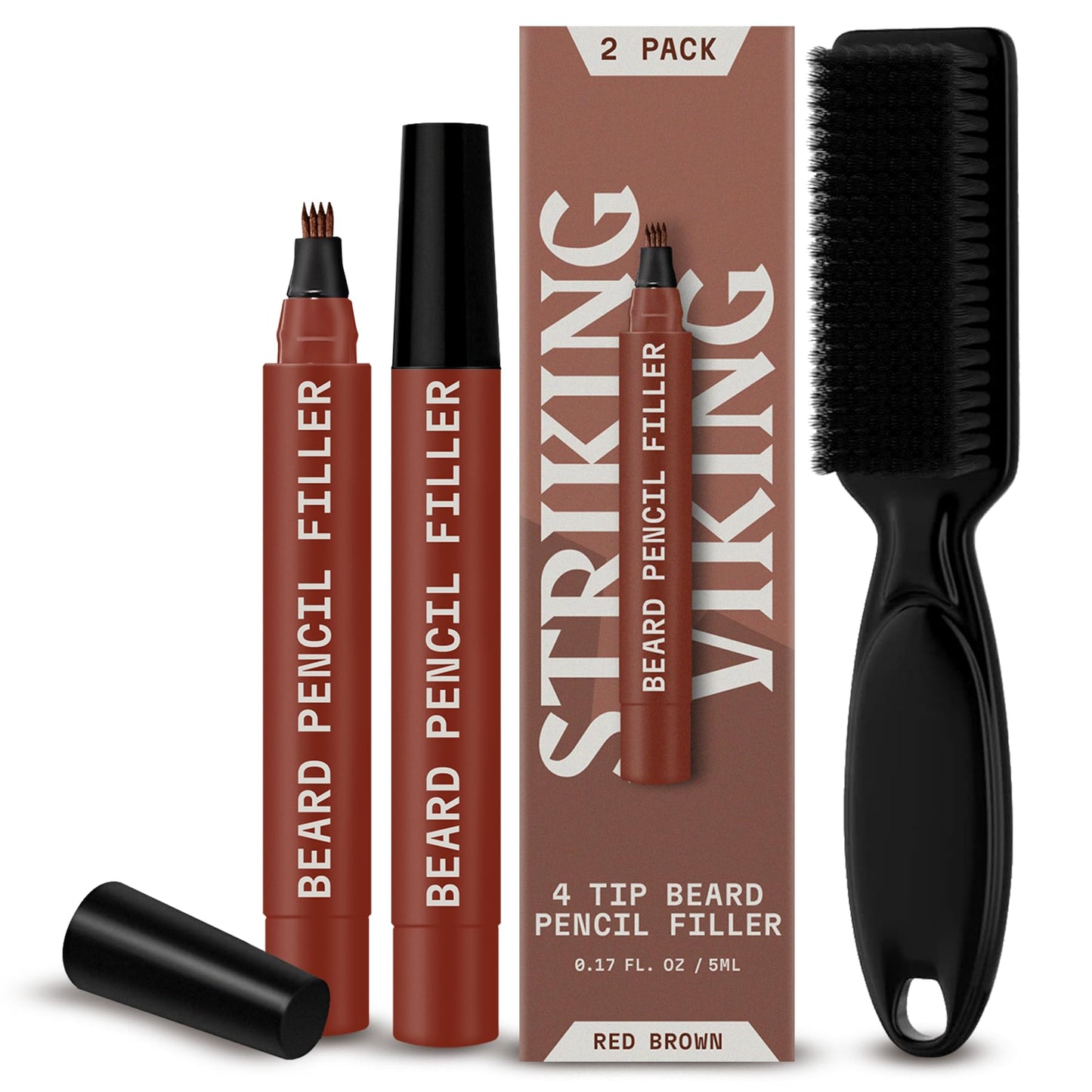 Striking Viking Beard Pencil Filler for Men - Red Brown, 2 Pack - Temporary Beard Dye - Waterproof Sweatproof Long Wear Beard Filler Pen for Touchups