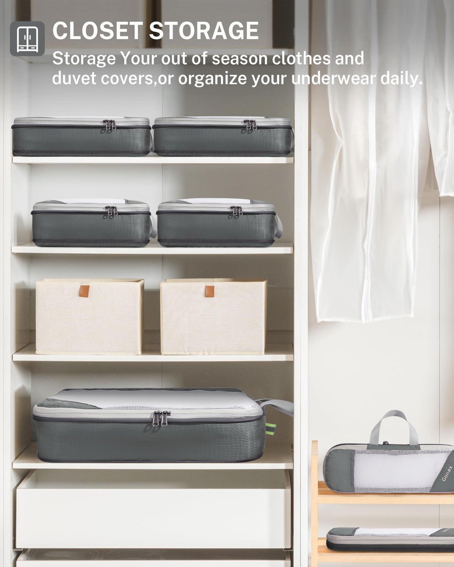 Gonex Compression Packing Cubes Mesh Organizers L+M+S+XS+Slim+Laundry Bag Gray