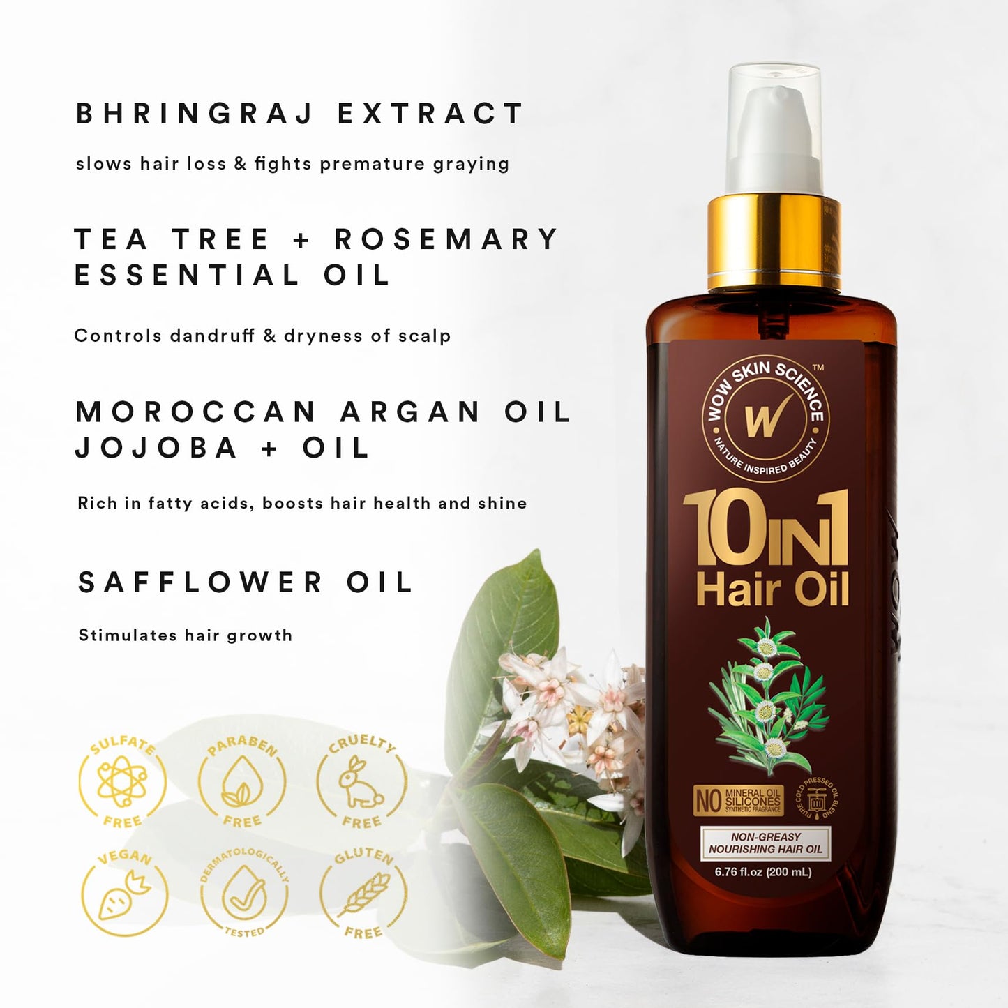 WOW Skin Science 10 in 1 Nourishing Hair Oil - Treats Dry, Damaged Hair and Promotes Growth - With Argan and Rosemary Oil for Women and Men (6.76 Fl