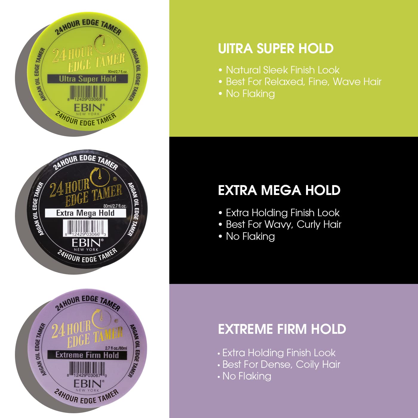 EBIN NEW YORK 24 Hour Edge Tamer Extreme Firm Hold 0.5Fl Oz Strong Edge Control Gel, No Flaking, Sleek Smooth Finish, Long Lasting, Argan & Castor Oil
