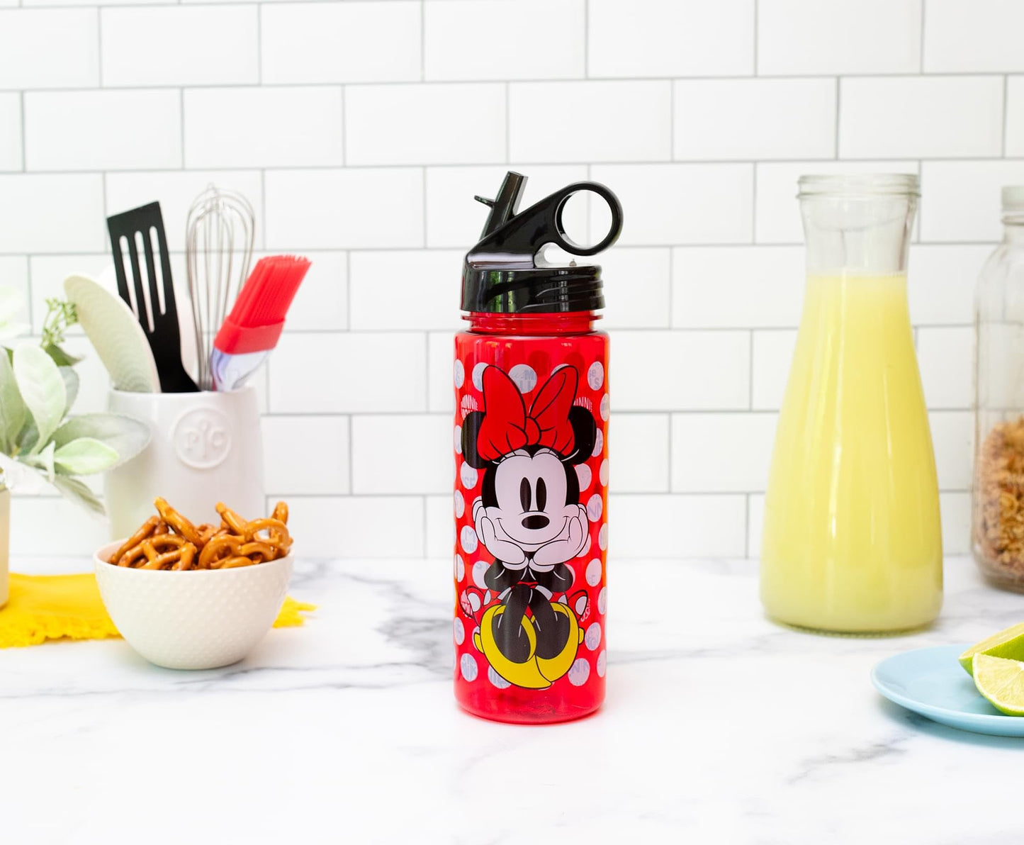 Silver Buffalo Disney Minnie Mouse Water Bottle With Flip-Up Straw | BPA-Free Plastic Sports Jug | Holds 20 Ounces