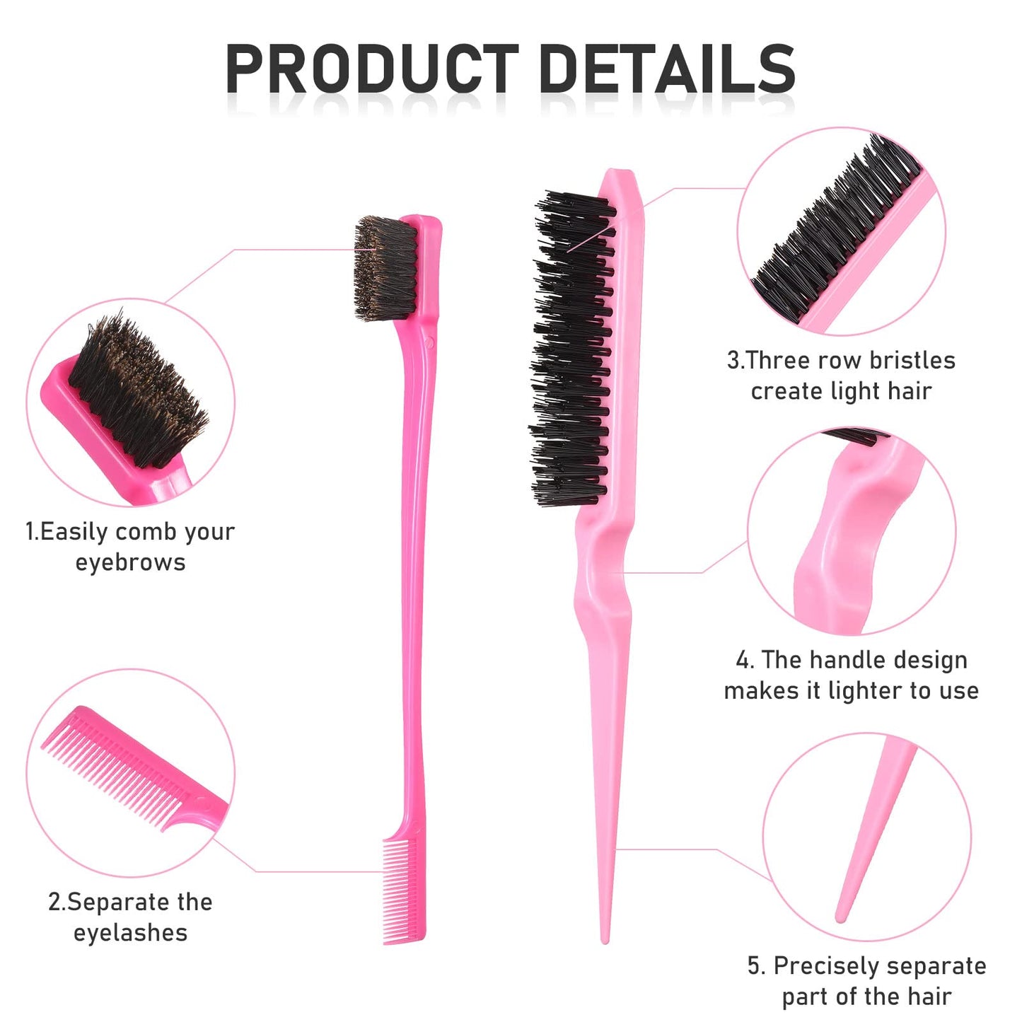 Remerry 12 Pieces Hair Brush Set, Includes 3 Row Salon Teasing Brushes, Double Sided Hair Edge Brush, Rat Tail Combs, Duckbill Clips for Women Girls