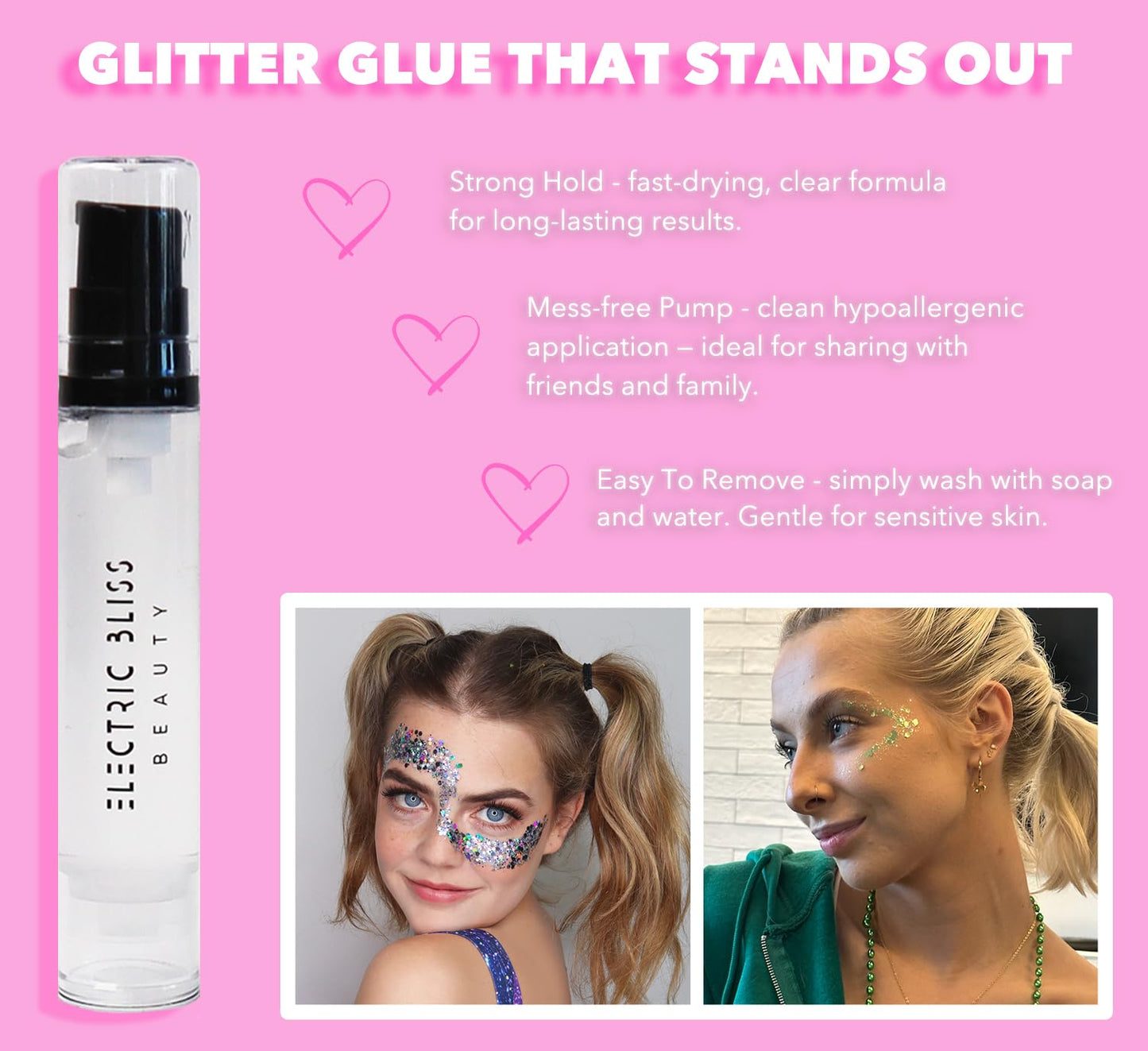 Pink - Holographic Chunky Glitter Gel for Body, Face, Hair - Vegan & Cruelty Free - Electric Bliss Beauty - Uses Include: Festival Rave Makeup
