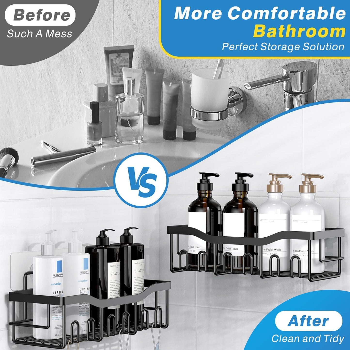 EUDELE Adhesive Shower Caddy 5-Pack, Rustproof Stainless Steel Bathroom Shelves, No-Drill Storage Organizers, Large Capacity