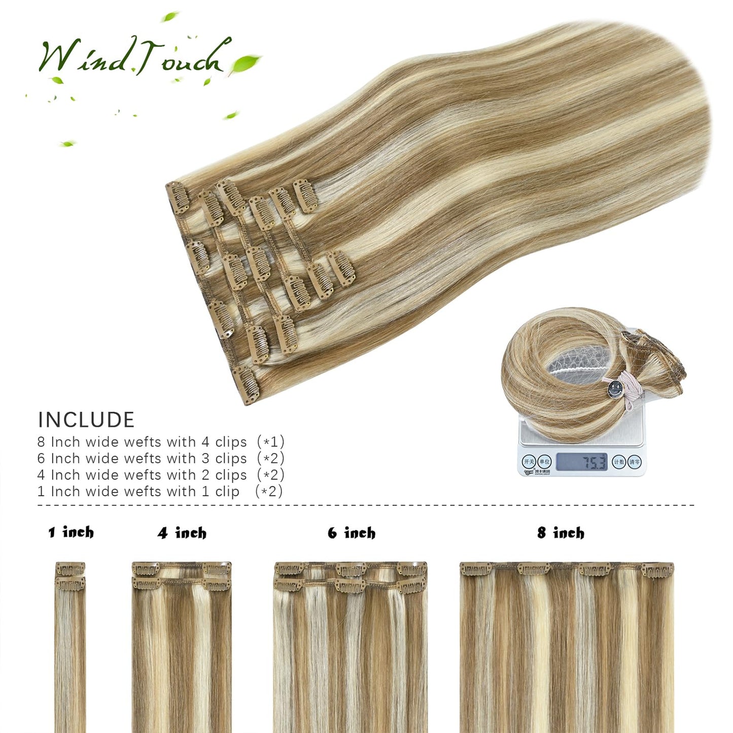 WindTouch Clip in Hair Extensions Human Hair Balayage Mixed Bleach Blonde 75g 22Inch #18P613 Remy Hair Extensions 7PCS