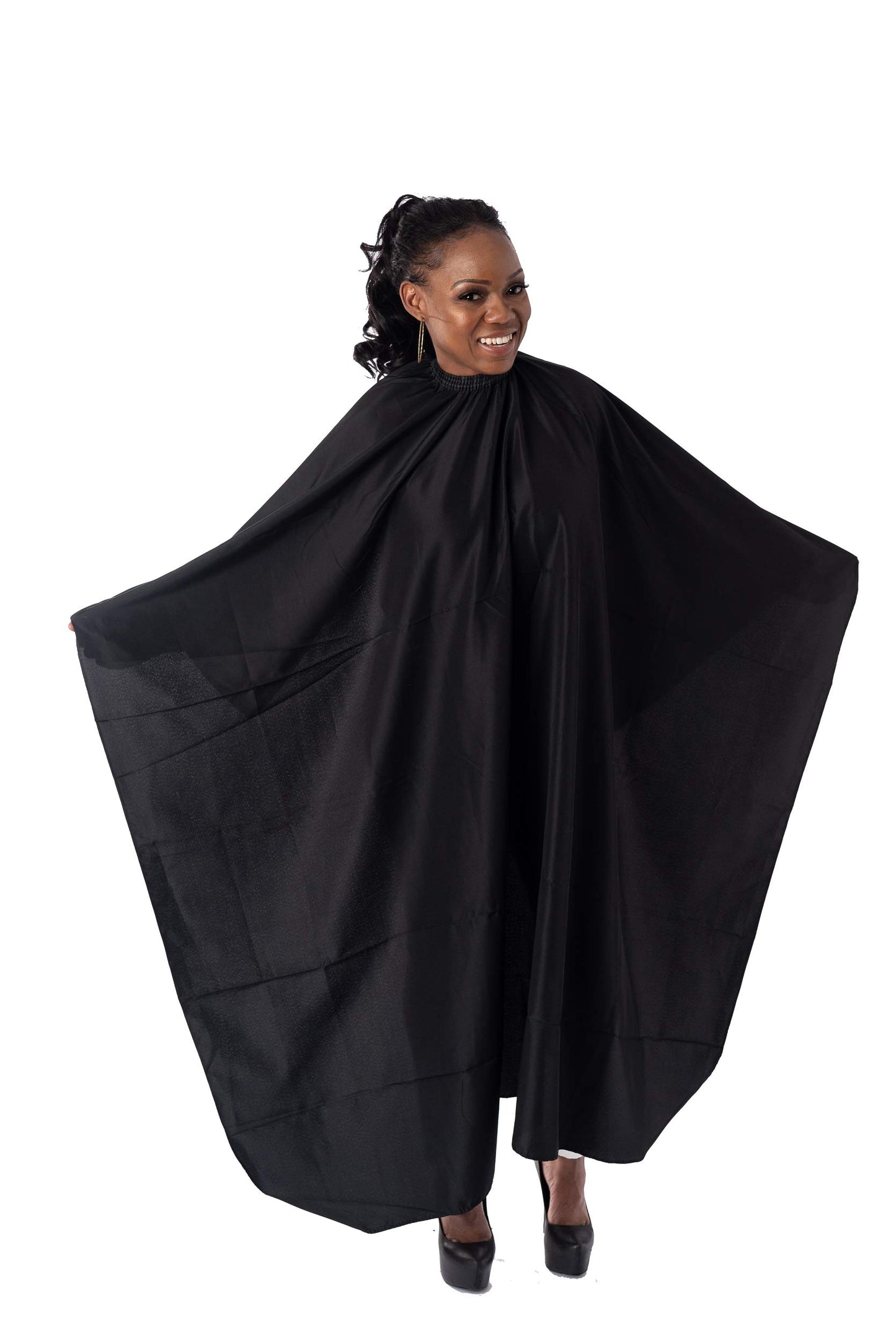 Capes By Sheena Black Nylon Hairdresser Barber Cape W/ 10 Snap Closure, X Large 66” L x 53.5” Stylist Supplies for Hair-Cutting