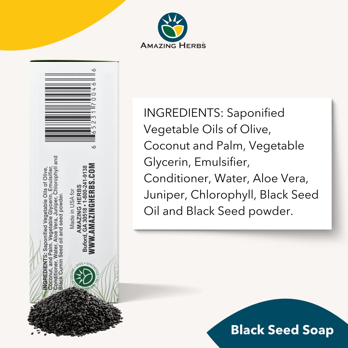Amazing Herbs Black Seed Soap - 100% Pure Cold-Pressed Black Cumin Seed Oil, All Natural, Free of Colors, Dyes, & Fragrances - Black Seed Aleo Vera