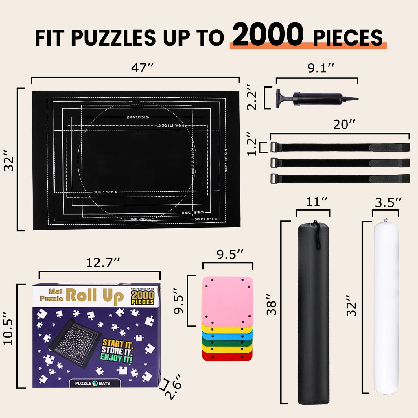 Jigsaw Puzzle Mat Roll Up – Felt Puzzle Saver for 500/1000/1500/2000 Pieces, Black Roll-Up Board with Sorting Trays, Clear Sheets & Frame