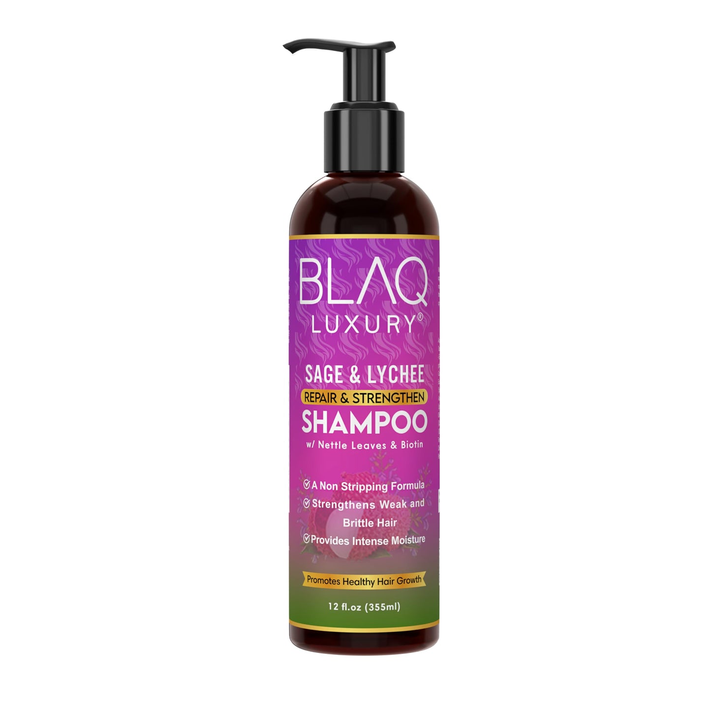Blaq Luxury Sage & Lychee Repair and Strengthen Shampoo - Infused with Biotin and Nettle - Sulfate-Free Formula for All Hair Types - Promotes Hair