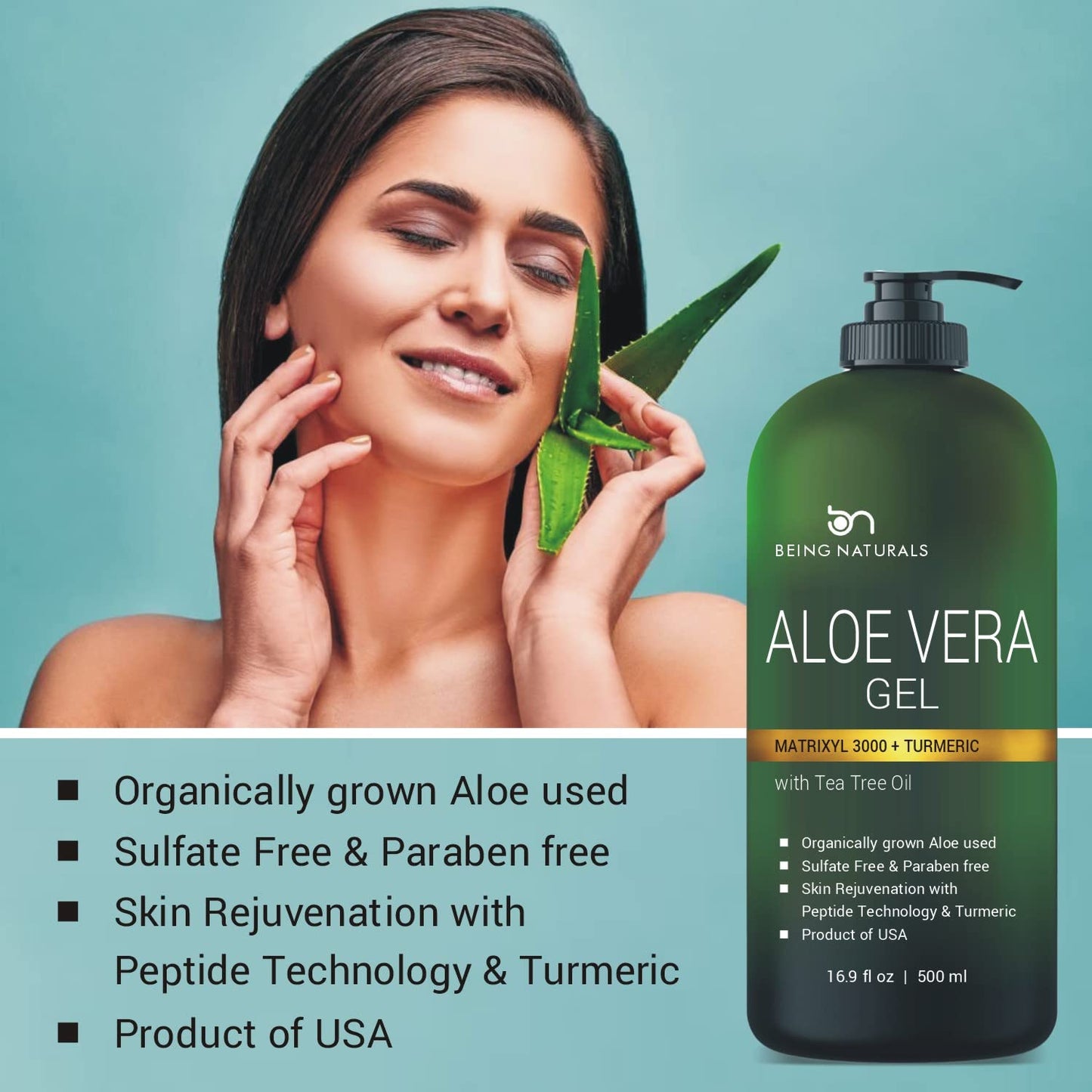 Aloe vera Gel - from 100% Pure Organic Aloe Infused with Matrixyl 3000 (Peptides), Turmeric - Natural Raw Moisturizer for Face, Body, Hair. Perfect