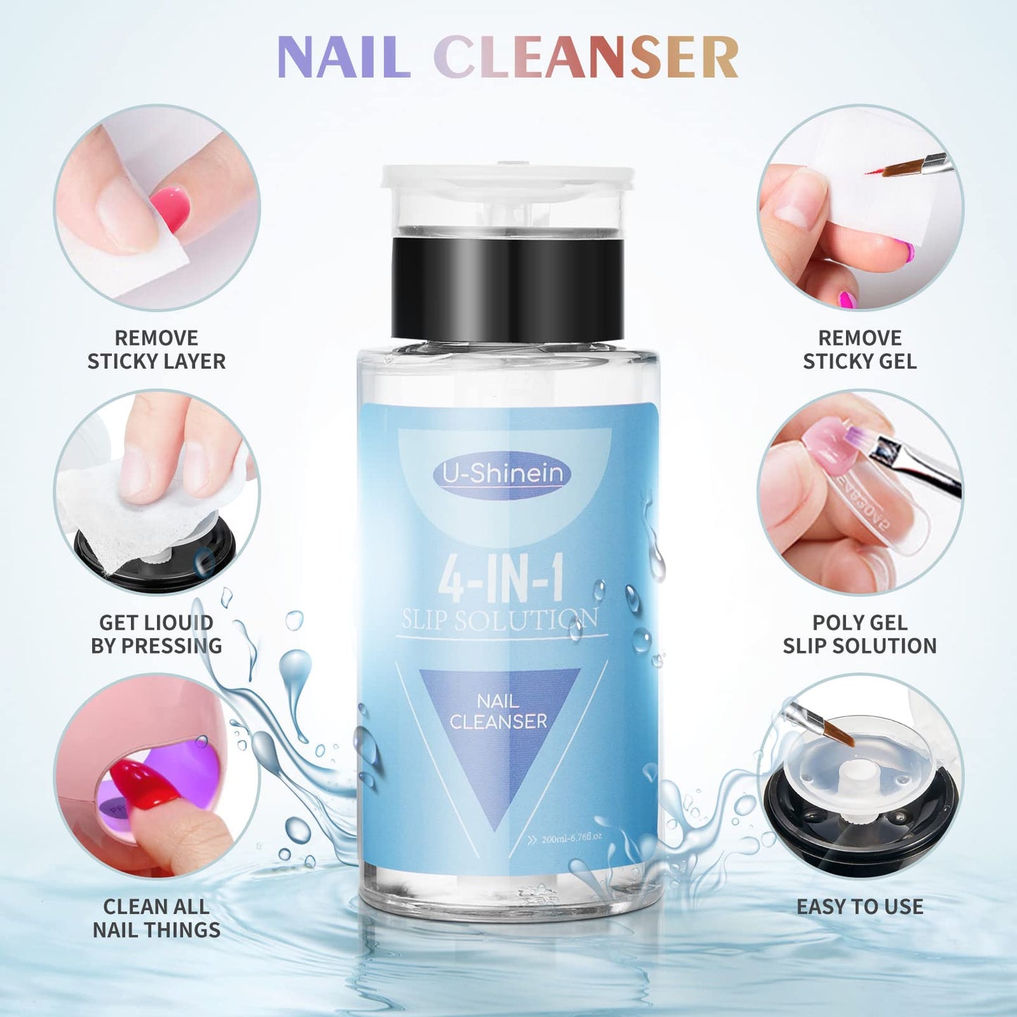 U-Shinein 200ml Nail Slip Solution, 4-in-1 Poly Nail Gel Slip Solution Poly Nail Extension Gel Liquid Slip Solution Builder Gel, Nail Cleaner Liquid