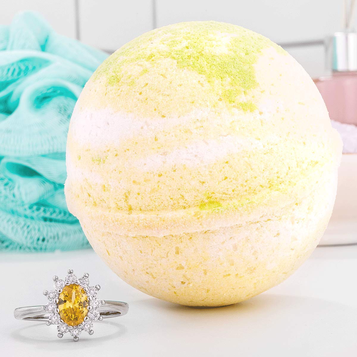 Bauble Bomb's Pina Colada Jewelry Surprise Deluxe X Large 9 oz Bath Bomb Fizzies Made in USA, Cruelty Free! Ring Size 09