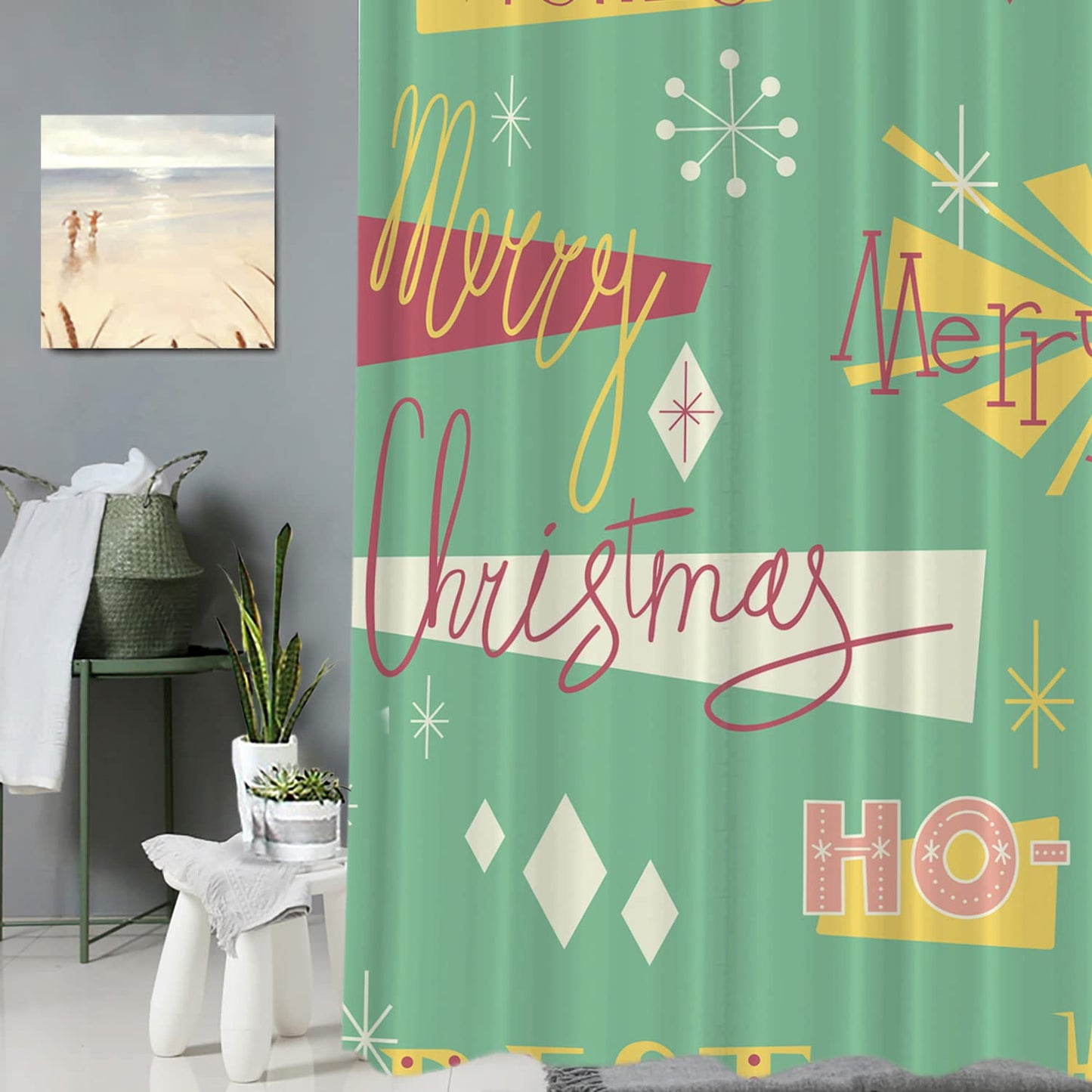 Batmerry Retro Christmas Modern Decorative Shower Curtain, Trees Gold Glitter Boho Cute Long Wide with Rust Proof Grommets for Bathroom Waterproof…