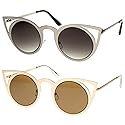 zeroUV Womens Fashion Round Metal Cut-Out Flash Mirror Lens Cat Eye Sunglasses (2-Pack | Gld/Brwn + Sil/Lav)