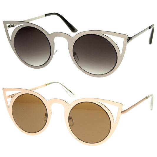 zeroUV Womens Fashion Round Metal Cut-Out Flash Mirror Lens Cat Eye Sunglasses (2-Pack | Gld/Brwn + Sil/Lav)