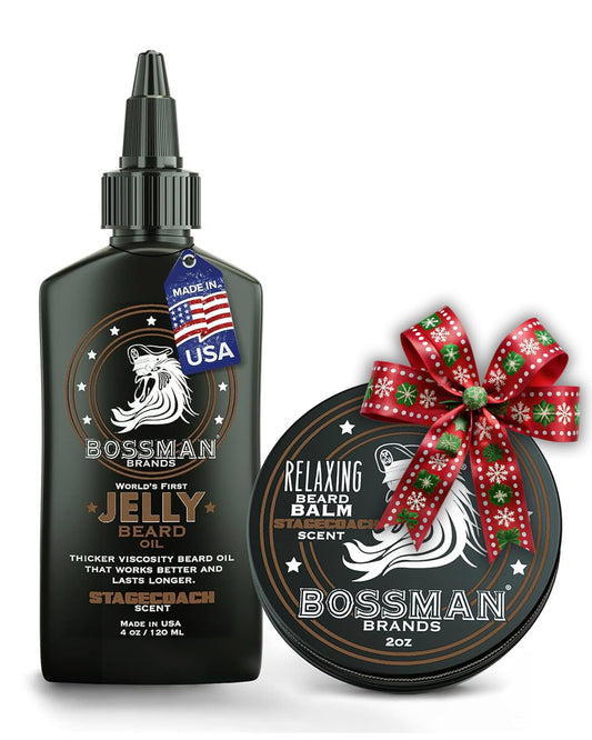 Bossman Jelly Beard Oil for Men & Beard Balm for Men Combo - Softens, Tames Moisturizes & Conditions - Stagecoach Scent - Natural Ingredients & Made