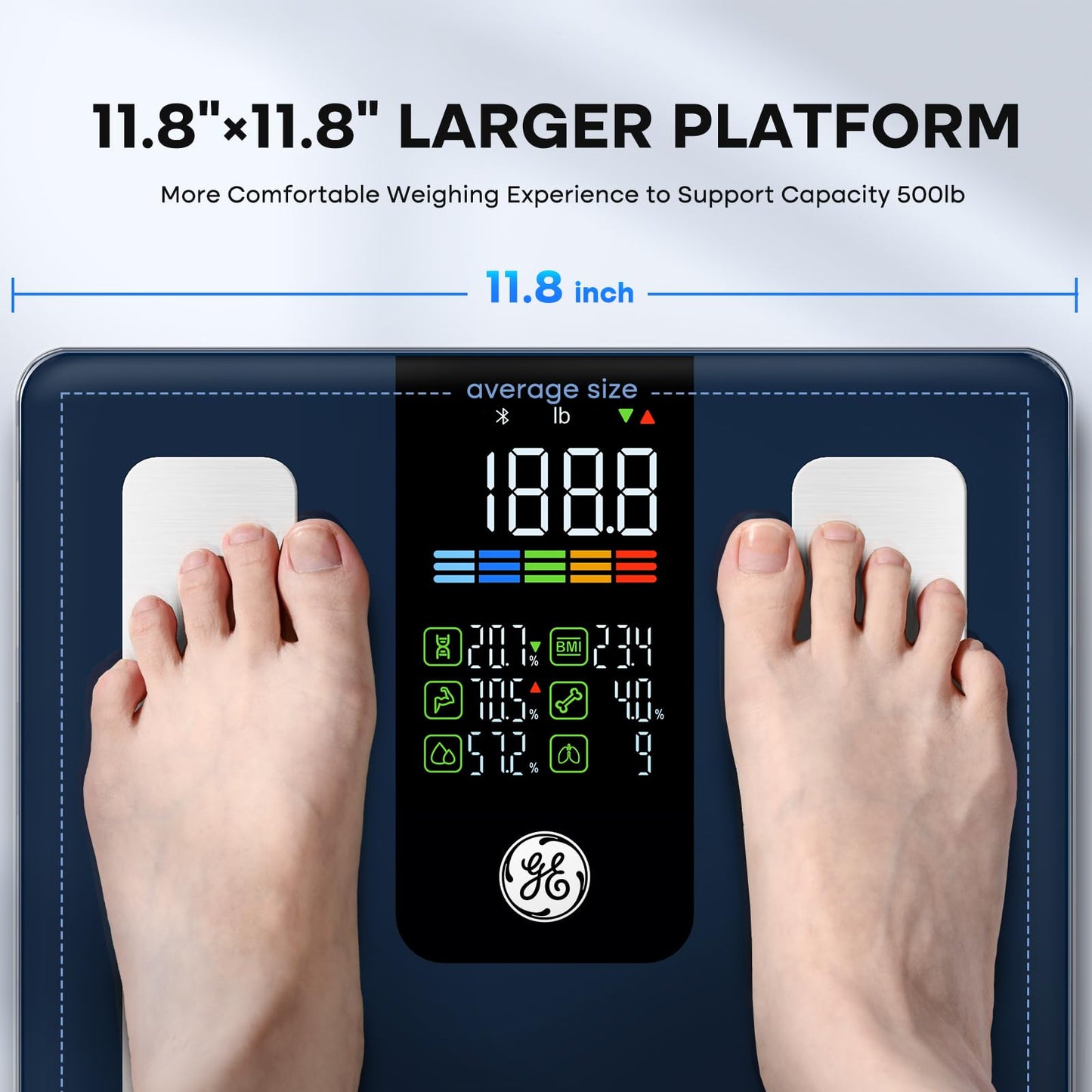 GE Smart Scale for Body Weight, BMI, Fat, Muscle Mass, Digital Bathroom Scales 500lbs Bluetooth 11.8" Large Platform Weighing Machine Health Monitor…
