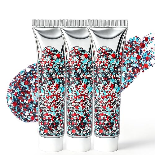 3PC Waterproof Red White Blue Hair Glitter Stick for Patriotic Celebrations &Game Days, 4th of July Glitter Stick, Sparkling Face&Body Makeup