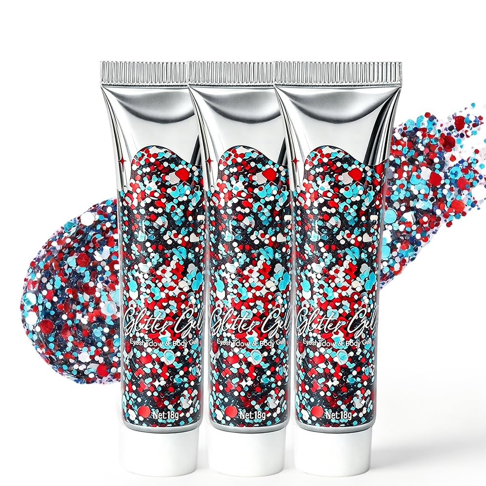 3PC Waterproof Red White Blue Hair Glitter Stick for Patriotic Celebrations &Game Days, 4th of July Glitter Stick, Sparkling Face&Body Makeup
