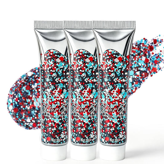 3PC Waterproof Red White Blue Hair Glitter Stick for Patriotic Celebrations &Game Days, 4th of July Glitter Stick, Sparkling Face&Body Makeup