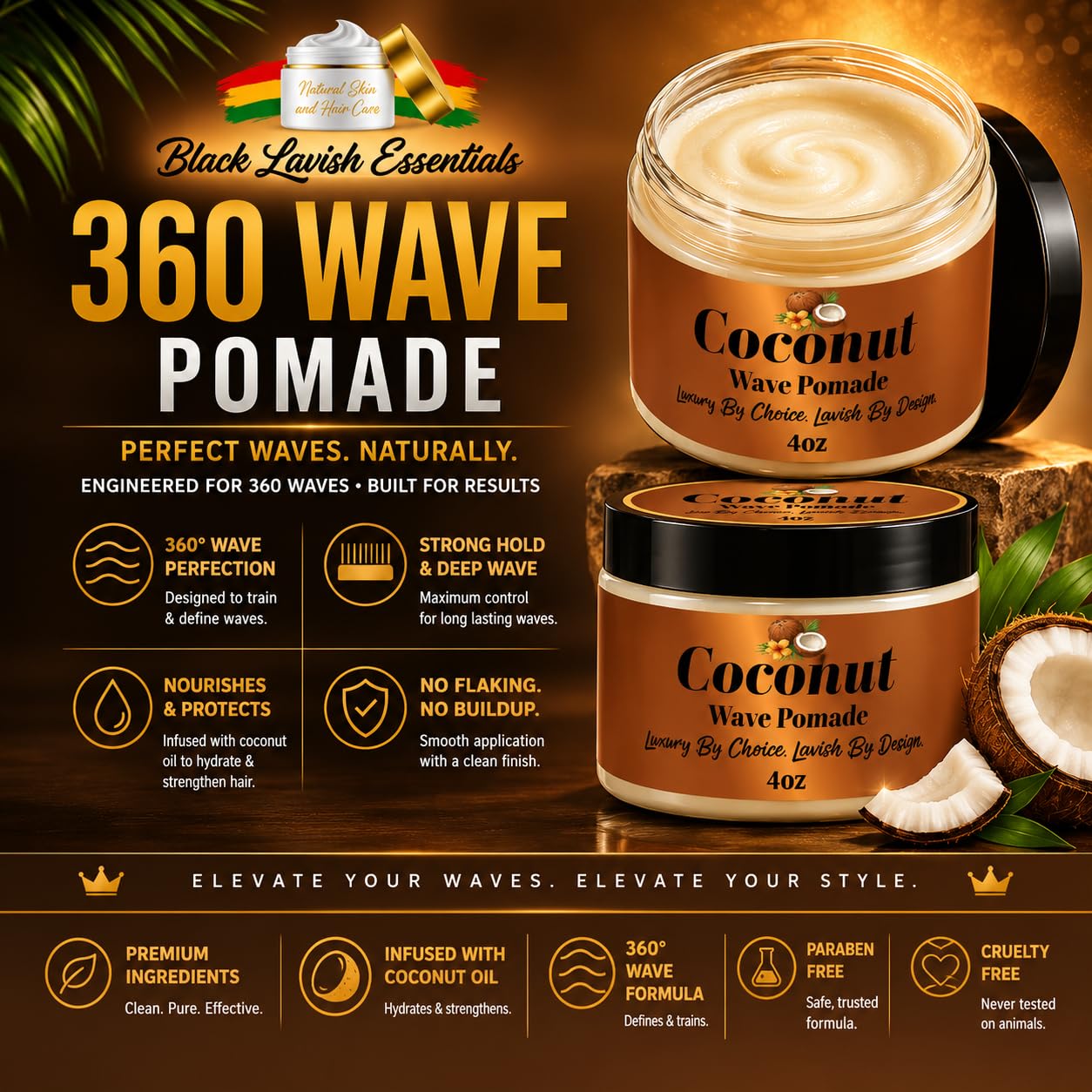 Black Lavish Essentials Ultra-Smooth 360 Wave Pomade, 4oz Coconut Hair Butter, Strong Hold Non-Greasy Hair Styling Cream for Deep Waves, Shea