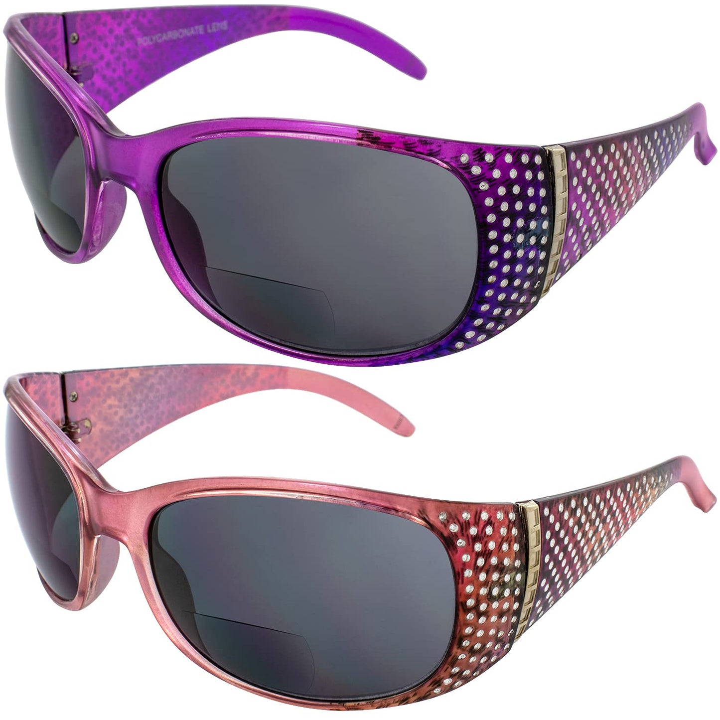 Global Vision Set of 2 Galaxy Womens Bifocal Fashion Motorcycle Sunglasses Chrome Rhinestones Lavender & Pink Frames 2.0 Mag Smoke Lenses