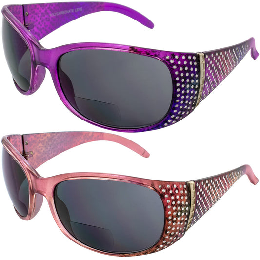 Global Vision Set of 2 Galaxy Womens Bifocal Fashion Motorcycle Sunglasses Chrome Rhinestones Lavender & Pink Frames 2.0 Mag Smoke Lenses