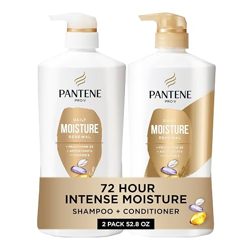 Pantene Shampoo & Conditioner Set, Daily Moisture Renewal with Vitamin E - Pro-V Nutrients for Dry, Color-Treated, Straight to Curly Hair, 72-Hour