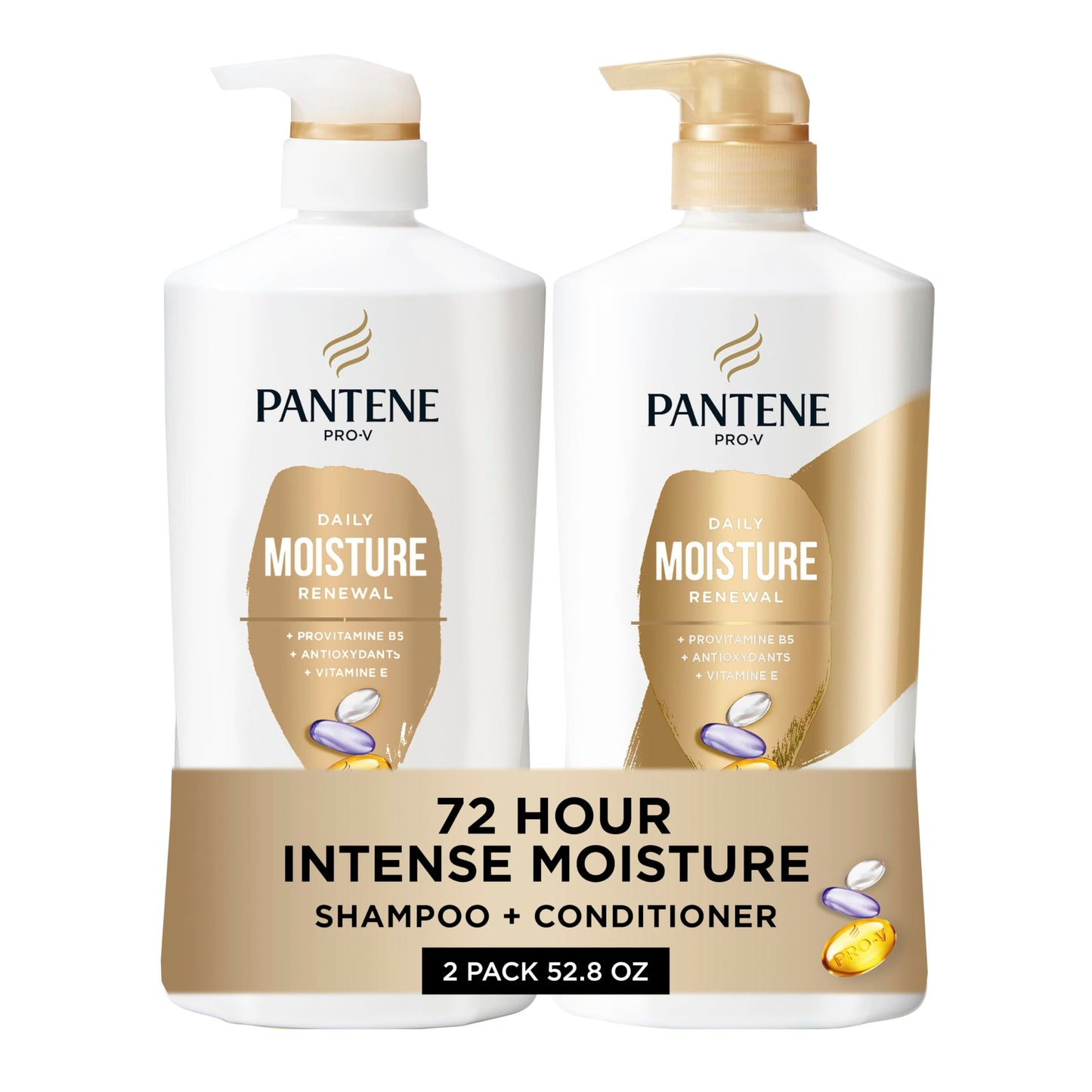 Pantene Shampoo & Conditioner Set, Daily Moisture Renewal with Vitamin E - Pro-V Nutrients for Dry, Color-Treated, Straight to Curly Hair, 72-Hour